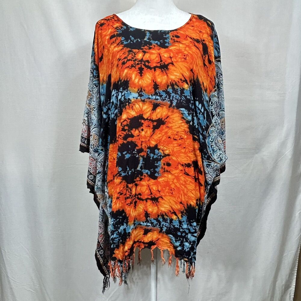 Tie Dye Rayon Poncho Boho Beach Cover-Up Oversized Top Blue Orange Fringe Cruise